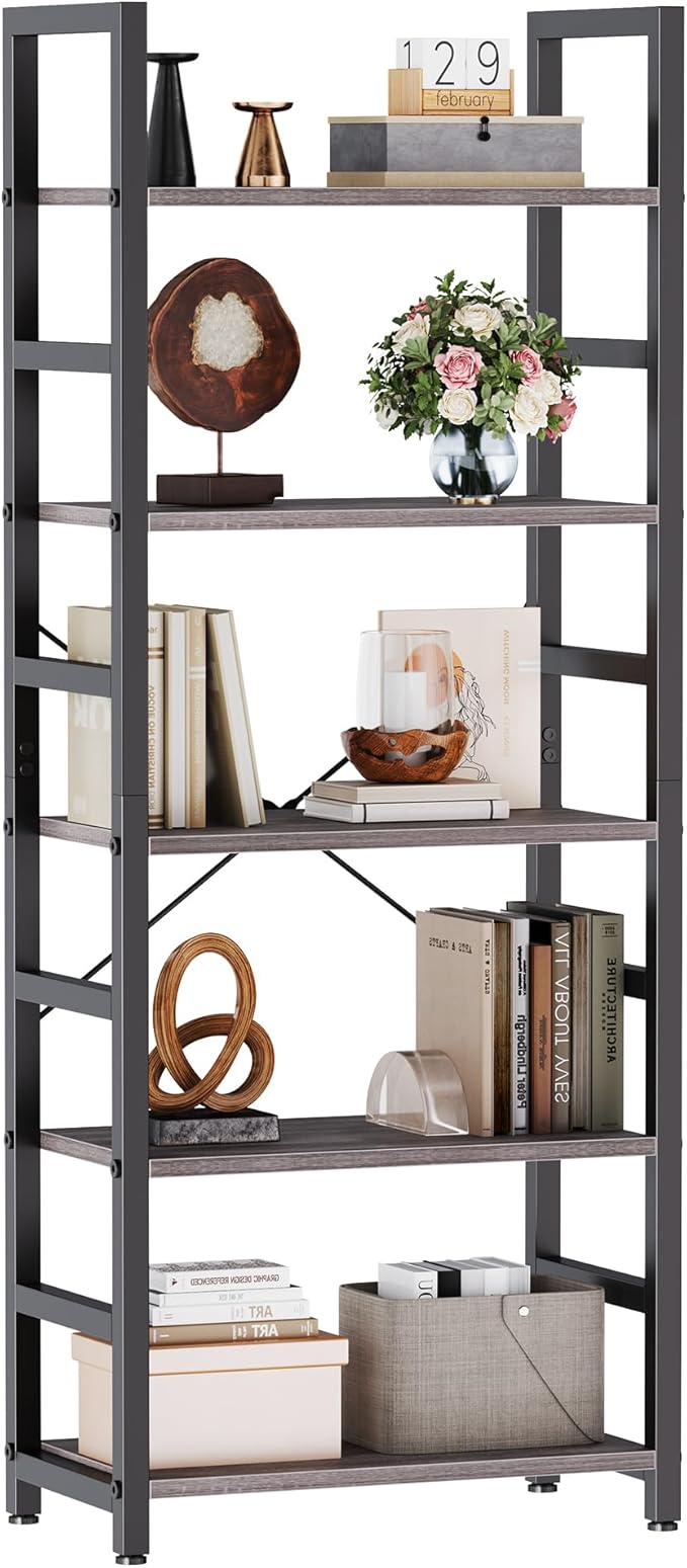 DUMOS 5-Tier Bookshelf, Modern Tall Bookcase, Open Storage Display Shelf for Living Room, Bedroom, Home Office, Narrow Standing Shelving Unit for Books, CDs, Décor，Wood Grey