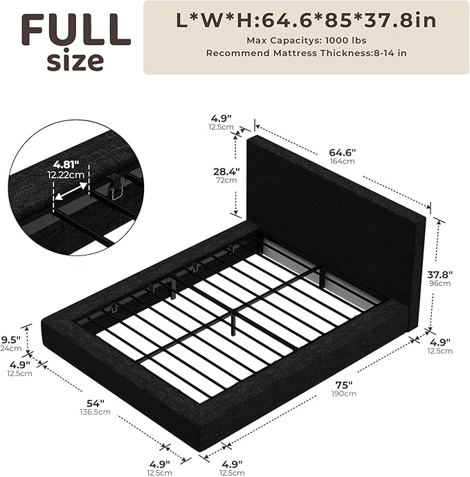 RECCI AirFrame Full Size Bed Frame with Headboard, Cloud Upholstered Platform Bed Frame, 5 Inch Foam Cushioned, No Box Spring, Easy Assembly (Onyx Black)
