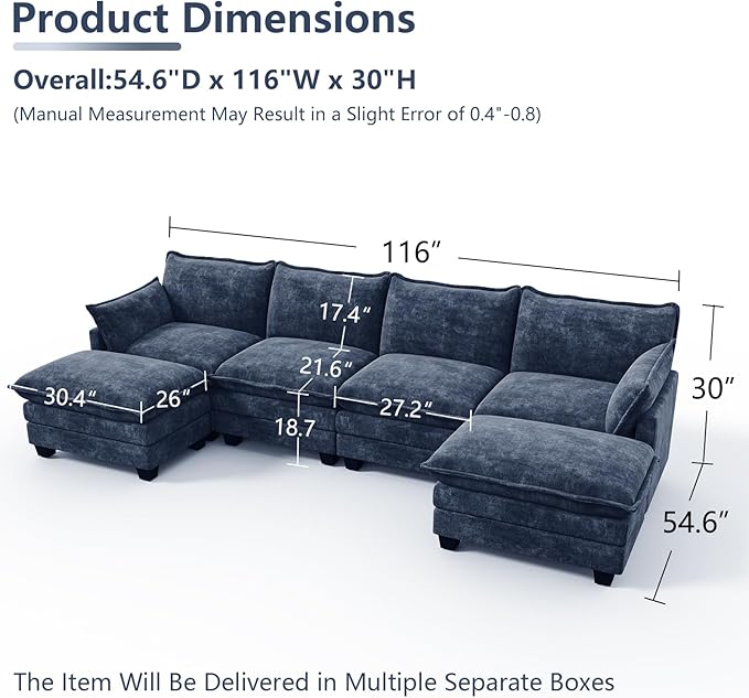 U Shaped Modular Sectional Sofa, Cloud Couch with Movable Ottoman, Comfy Chenille Sofa with Pillows for Living Room, Bedroom, Apartment, Blue