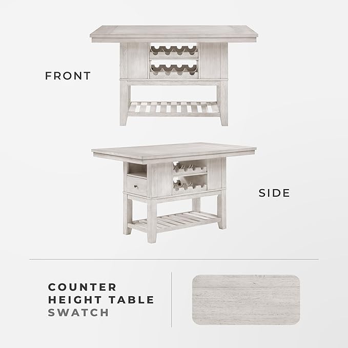 Lexicon 60" Farmhouse Counter Height Dining Table for 6, Solid Wood Frame Acacia Veneer Rectangular Dining Table with Wine Storage, Drawers, and Open Shelves, Brushed Antique White