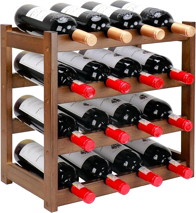 Bamboo Wine Rack, 4-Tier 16 Bottles Wine Storage Cabinet Shelf, Easy-Assembly Freestanding Bamboo Wine Racks Countertop for Kitchen Pantry Dining Room Bar, Walnut