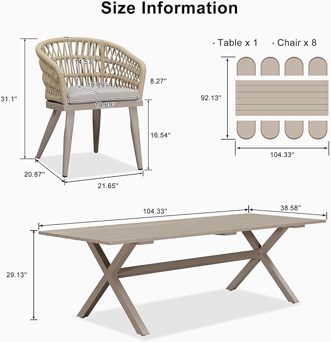 PURPLE LEAF Outdoor Dining Set All-Weather PE Rattan Outdoor Patio Dining Furniture Set with All Aluminum Frame Rectangular Table and 8 Chairs Set for Lawn Garden Backyard Deck, Champagne