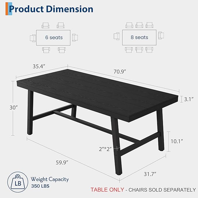 GarveeHome Industrial Dining Table for 6-8 People, 70.87" Long Large Kitchen Table with Sturdy Metal Frame, Rectangular Counter for Dinner, Kitchen, Dining Room (Black, 71" Non-extendable)