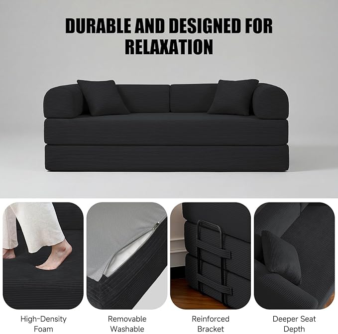 79" Compressed Sofa, Convertible Sofa Bed, Corduroy Compression Boneless Couch with Pillow, Comfy Modular Foldable Floor Sleeper Sofa for Bedroom, Living Room, Lounge, Studio (Black)