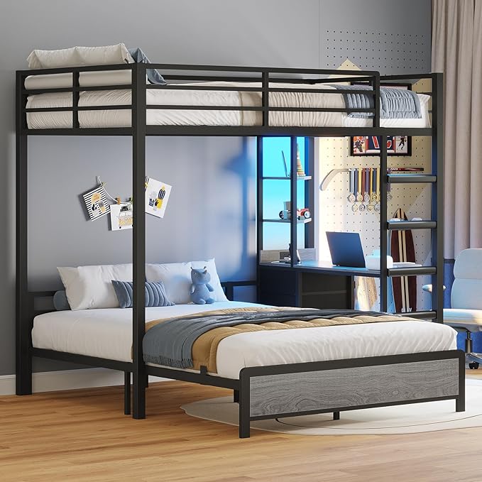 ADORNEVE Twin Over Full Bunk Bed with Desk, Bunk Beds Twin Over Full Size with Charging Station & Led Lights, Storage Drawers & Shelves, Loft Bed with Safety Guardrail & Ladder for Kids/Teens, Grey
