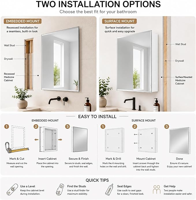 Plastic Bathroom Medicine Cabinet Mirror 16x20 inch, Recessed Medicine Cabinet or Surface Wall Mount Bathroom Cabinets with Adjustable Shelves, Beveled Edge Mirror Cabinet