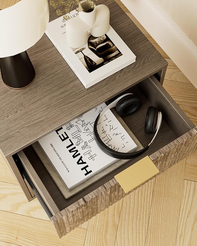 Aienvey Night Stand, Modern Nightstand with Drawers, Bedside Table, Gold Small Side Table for Bedroom, Living Room End Table (Grey Stripe, 2 Drawers)