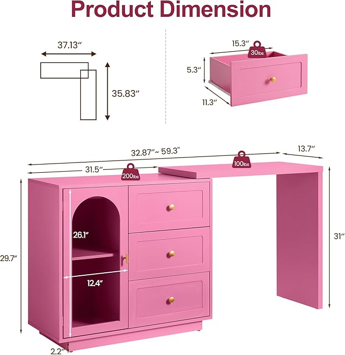 RoyalCraft 59" Makeup Vanity Desk, Pink Vanity Dresser, L Shaped Corner Vanity Table with 3 Drawer & 1 Door, Modern Extendable Dressing Table for Bedroom, Dressing Room, Small Space (Without Mirror)