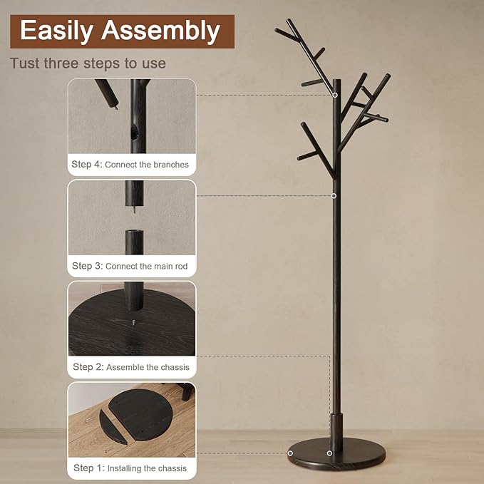 Muwuele Coat Rack, Solid Wood Coat Rack Freestanding with 12 Hooks, Coat tree freestanding 3 Adjustable Heights for coat, Hats, Handbags， Coat Stand for Entryway, Bedroom (Black)
