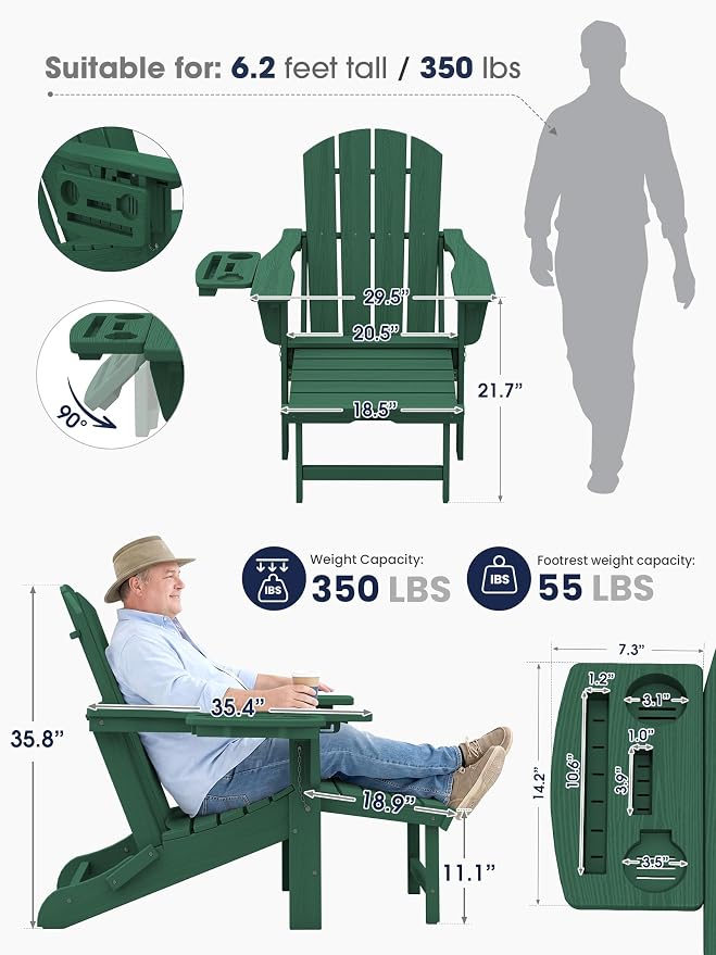 KINGYES Adjustable Folding Adirondack Chair with Footrest & 4-in-1 Multi-Functional Armrest Organizer Set of 4, HDPE Foldable Recliner Adirondack Chair with Pull-Out Ottoman, Green