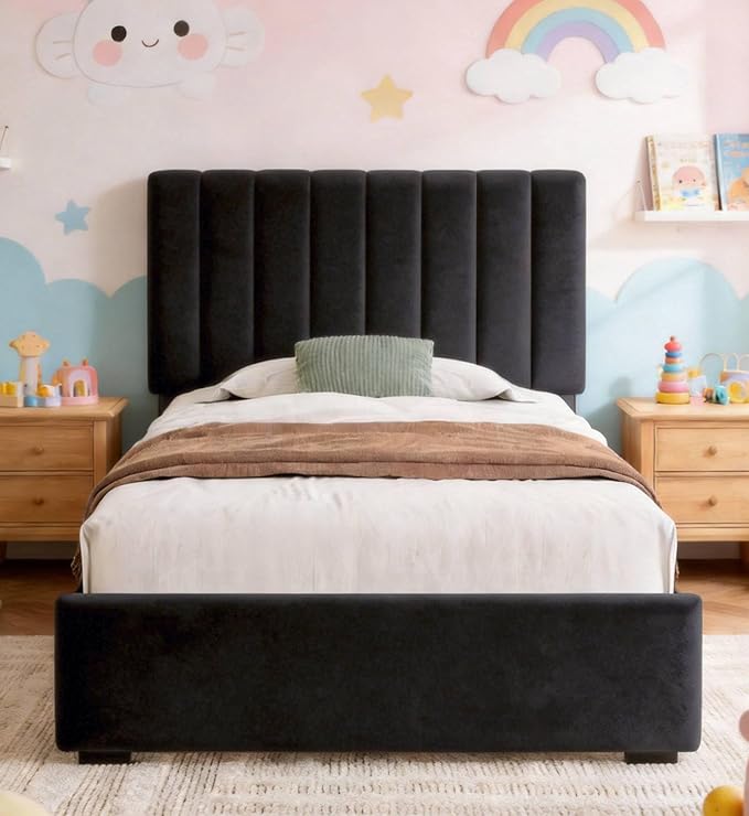 Welzona Kids Twin Upholstered Bed Frame with Headboard, Velvet Upholstered Metal Platform Bed Frame with Vertical Tufted Headboard, 3-Level Height, Metal Slat Support, Noise-Free Easy Assembly, Black