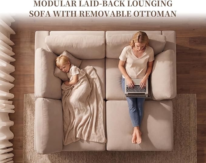 Modular Cloud Sectional Couches for Living Room, Large Modular Sectional Sofa with Ottoman, L Shaped 3 Seater Couch with Pillow, Beige - Chenille
