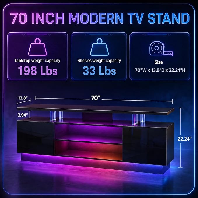 70” High-Glossy TV Stand with 2 Side Cabinets, Modern Stylish TV Console with 3 Layer LED Lights,Gaming TV Media Console with Adjustable Glass Shelf, Remote&APP Control, Black