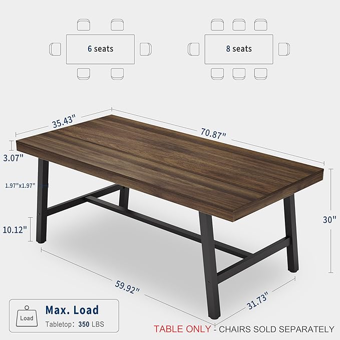 GarveeHome Industrial Dining Table for 6-8, 70.87" Heavy Duty Rectangular Kitchen Table with 2"×2" Metal Legs & Wood Top, Large Dining Table for Home Office, Dining (Brown, 71" Non-Extendable)