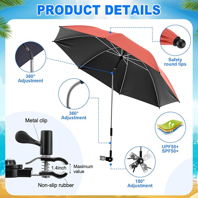 Yuntau 2 Set Reclining Beach Chairs with UPF 50+ Umbrellas Shade, Upgraded Heavy Duty Portable Folding Lounge Camping Chair with Canopy Removable Footrest & Headrest for Outdoor Patio(Orange,Green)