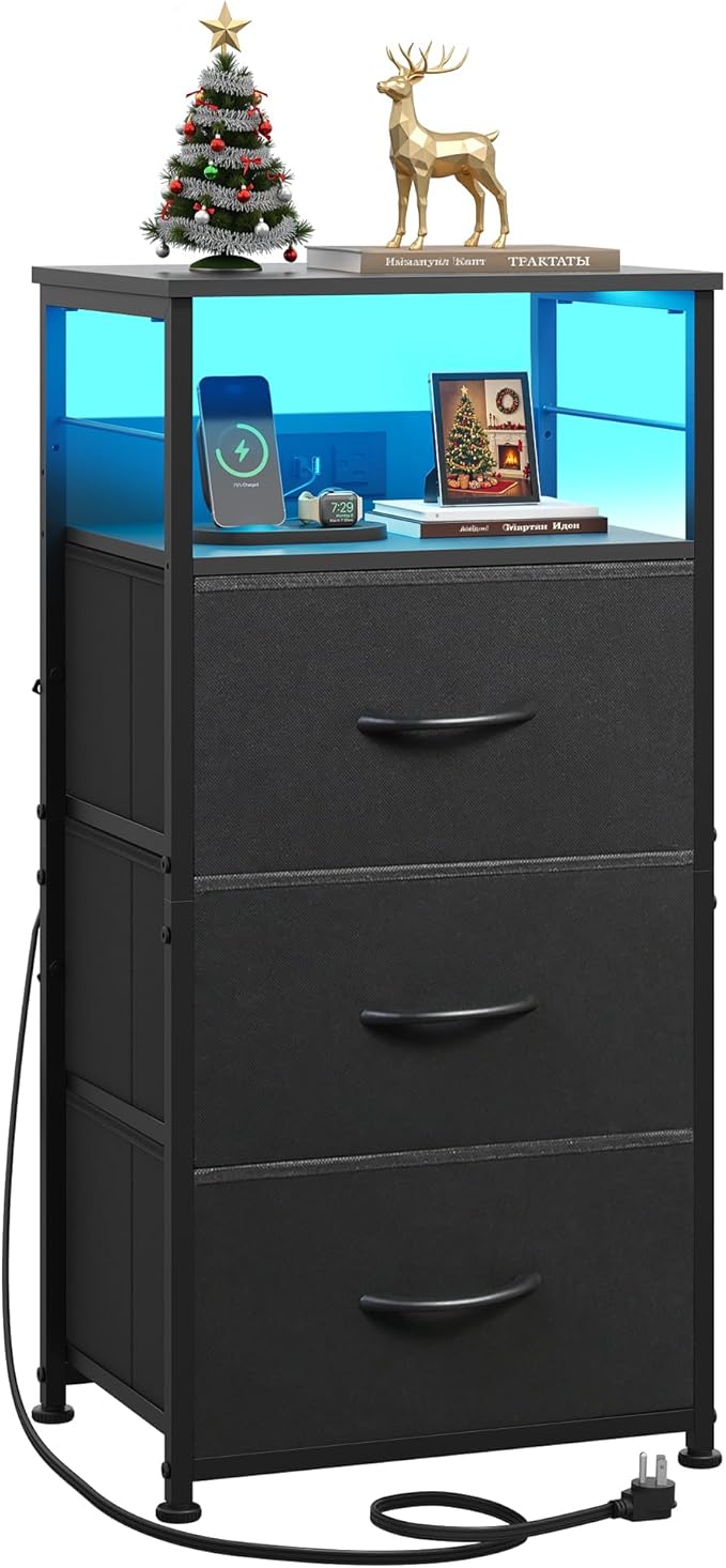WLIVE Nightstand with Charging Station, 31.9" H Nightstand with 3 Fabric Drawers, LED Bedside Table with USB Ports and Outlets, End Table for Dorm, Bedroom, Entryway, Black