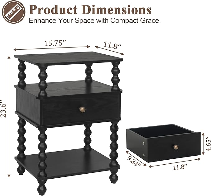AWASEN Black Nightstand, Bed Side Table Bedroom with Drawer, 3-Tier Small Night Stand End Table with Storage for Small Spaces &Solid Wood Spindle Legs, Black
