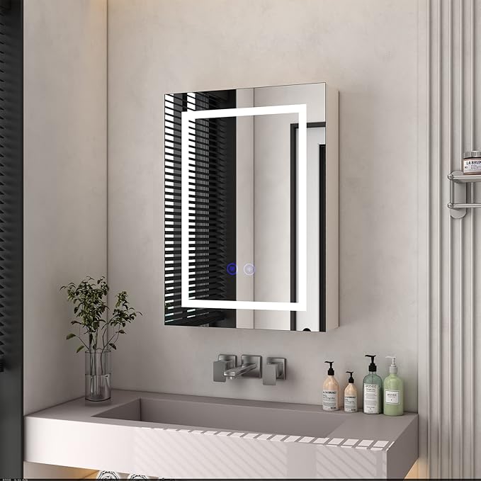 Lighted Medicine Cabinet for Bathroom with Mirror, 20" x 28" LED Medicine Cabinet with Lights, Wall Mounted with Storage Shelves, Dimmable Light, Anti-Fog