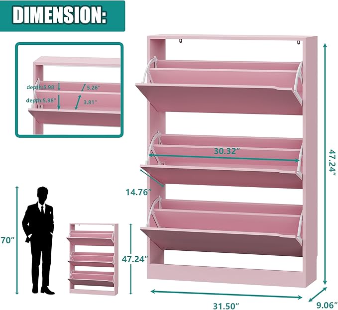Xixini Shoe Storage Cabinet for Entryway with 3 Flip Drawers, Sturdy Wood Hidden Shoe Storage, Freestanding Narrow Slim Shoe Organizer for Front Door Entrance, Living Room, Hallway, Bedroom, Pink