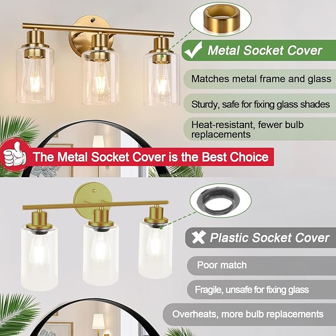3-Light Gold Bathroom Light Fixtures, Modern Bathroom Vanity Light with Clear Glass Shade, Brushed Gold Bath Wall Mount Lights, Wall Lamp for Mirror Kitchen Bedroom Hallway Living Room Hallway