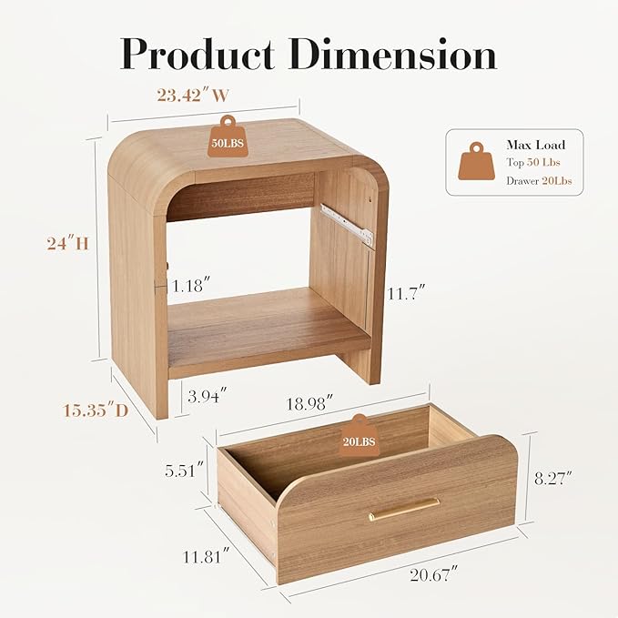 Night Stand Set of 2 [Unique Curved Profile] [FSC-Certified Wooden Board] 1-Drawer and 1 Storage Shelf Nightstand 24" H Metal Handle Modern Bedside Table Side Table End Table for Bedroom