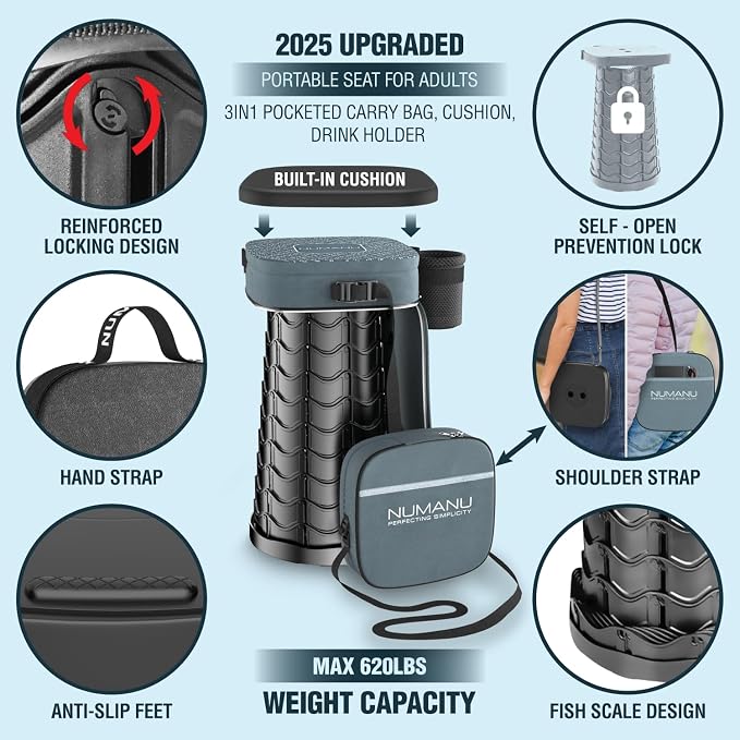 NUMANU 2026 Upgraded Collapsible Stool & 3IN1 Cushioned Carry Bag, Max 620lbs, 18" Height Adjustable Portable Stool Retractable Telescoping Seat, Foldable Camping Stool for Adults or Footrest (Square)