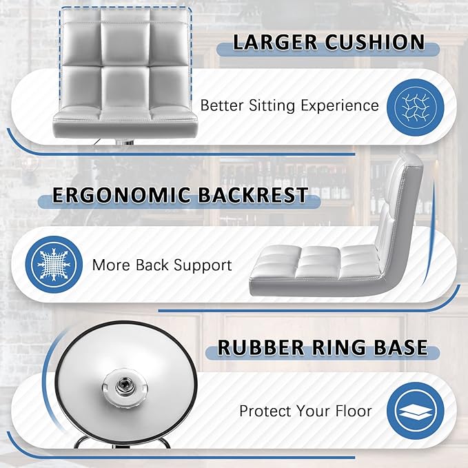 Homall Bar Stools Modern PU Leather Adjustable Swivel Barstools, Armless Hydraulic Kitchen Counter Bar Stool Extra Height Square Island Barstool with Back Set of 2 (Leather, Silver)