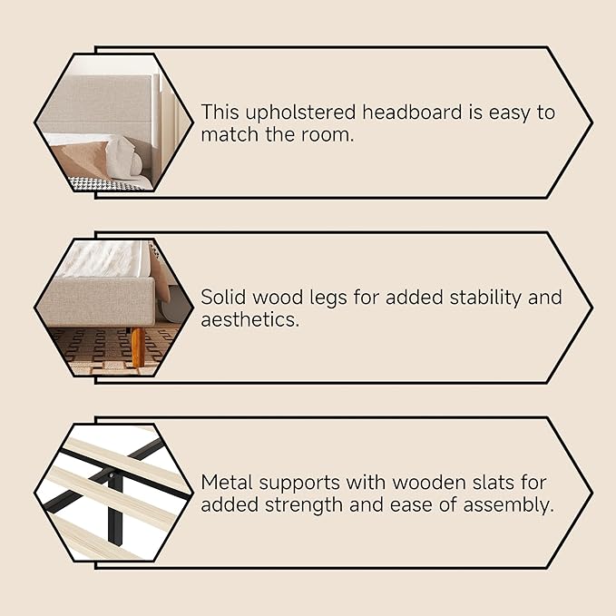 Full Size Bed Frame, Linen Upholstered Platform with Wingback Headboard, Wooden Slats Support, No Box Spring Needed, Easy Assembly, Beige
