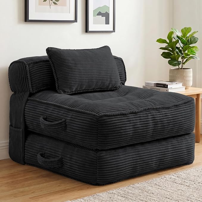 Folding Sofa Bed, Convertible Sleeper Chair with Pillow Foldable Mattress with Back Support, Portable Fold Out Chair Bed Comfy Floor Couch Lounge for Living Room Bedroom Apartment Single