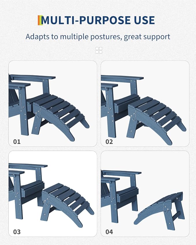 GarveeLife Folding Adirondack Ottoman Set of 2 for Adirondack Chair, HDPE All-Weather Footrest for in/Outdoor Patio Deck Backyard, Navy Blue