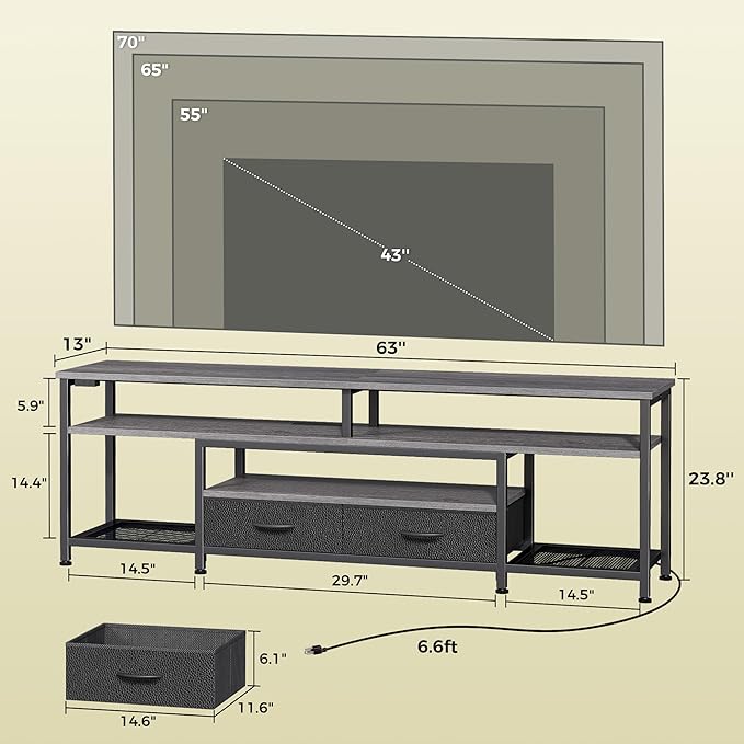 Huuger 63 Inch LED TV Stand for 65 70 Inch TV, Entertainment Center with Open Shelves and Power Outlets, TV Console for Living Room, Media Console with Drawers, Grey, 8779HC