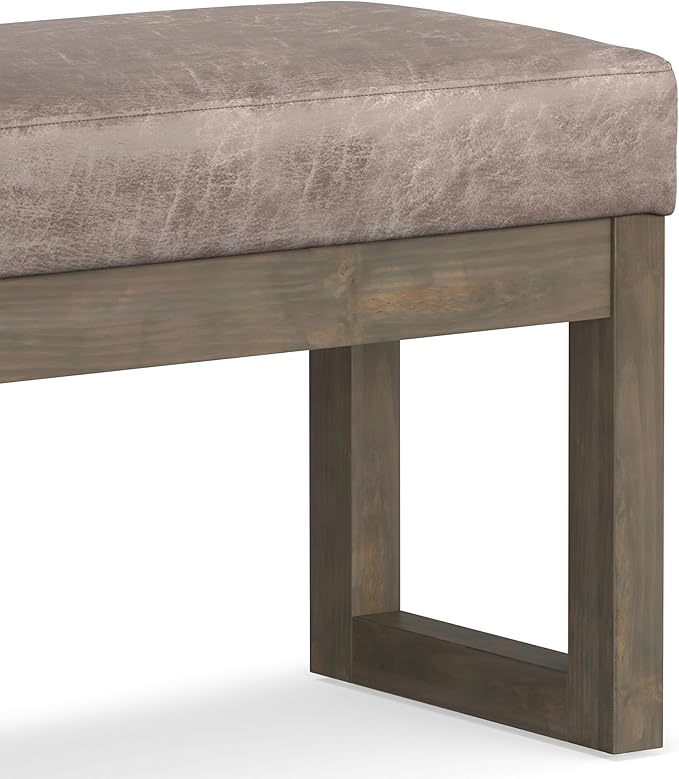SIMPLIHOME Milltown Small Ottoman Bench - 27" Wide x 18" High Upholstered Vegan Leather Rectangle Footstool Ottoman in Distressed Grey Taupe, Contemporary Bench with Cushioned Seat, Assembled