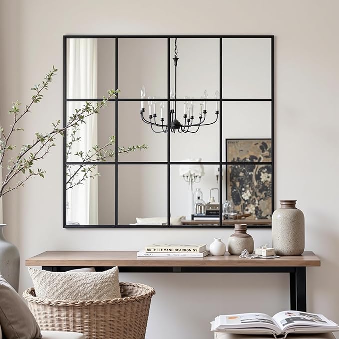 Suidia Wall Mirror, 36" x 40" Window Decorative Mirrors, Metal Framed Wall Decor Wall-Mounted Mirrors for Bedroom, Living Room, Entryway, Black