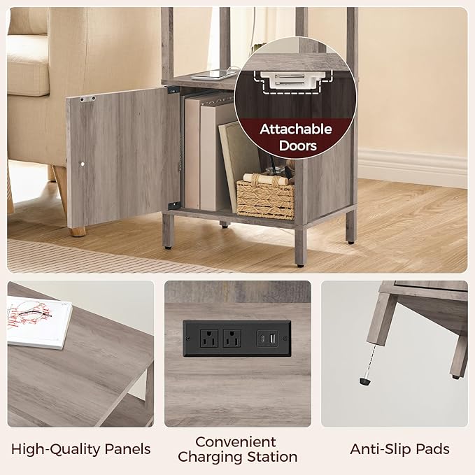 MAHANCRIS Farmhouse Nightstand with Charging Station, Greige Bedside Table with USB & Type-C Ports, End Table with Storage Cabinet and Open Shelf, Modern Side Table for Bedroom, Grey ETGY96E01
