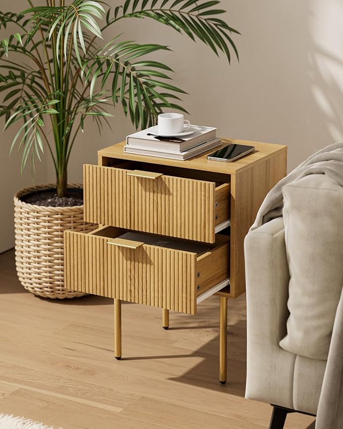 Aienvey Night Stand, Modern Nightstand with Drawers, Bedside Table, Gold Small Side Table for Bedroom, Living Room End Table (Oak Stripe, 2 Drawers)