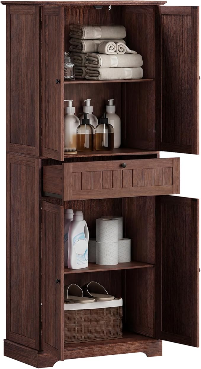 ChooChoo 51" H Tall Bathroom Floor Cabinet, Modern Bathroom Storage Cabinet with Drawer and Adjustable Shelves, Freestanding Kitchen Pantry Cupboard with 4 Doors for Living Room, Walnut