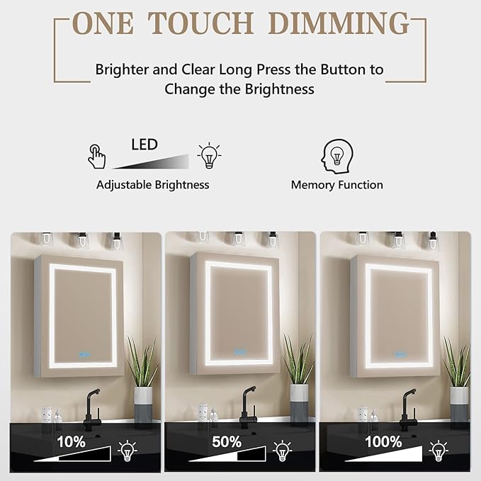 Lighted Medicine Cabinet for Bathroom with Mirror, 20" x 28" LED Medicine Cabinet with Lights, Wall Mounted with Storage Shelves, Dimmable Light, Anti-Fog