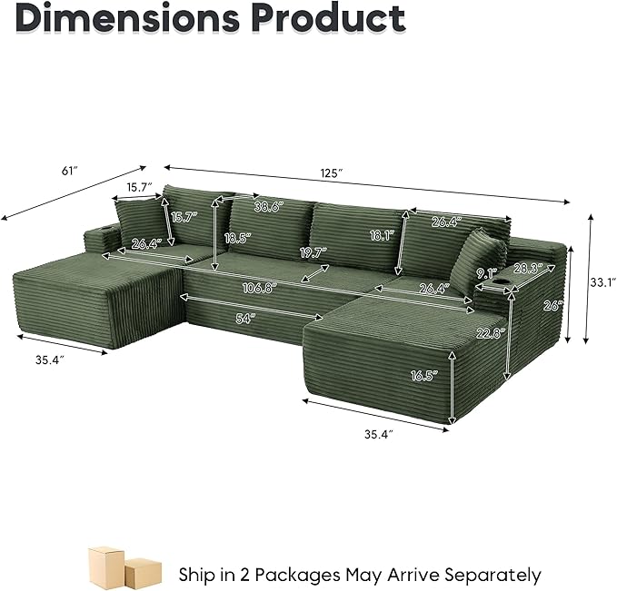 125 Inch Modular Sectional Sofa, Cloud Couch Oversized U Shaped Corduroy Sofa with Storage & Cupholders, Modern Deep Seat Boneless Couches for Living Room, No Assembly Required, Green