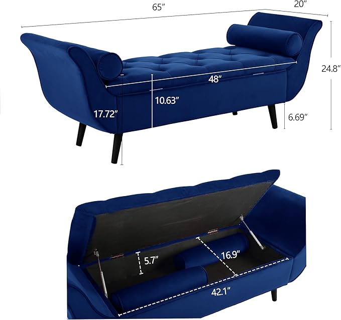 Storage Bench for Bedroom End of Bed, Velvet Upholstered Rolled Armed Button Tufted Sofa Stool Bench, Storage Ottoman Couch Long Bench with Solid Wood Legs (Navy)