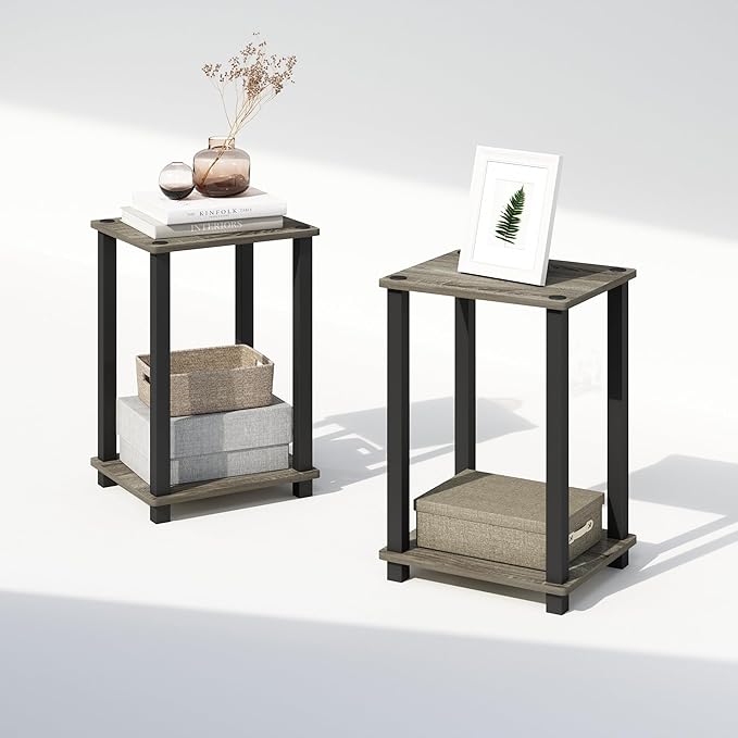 Furinno Simplistic Night Stand Set of 2, 2-Tier Small Nightstand with Open Shelf, Toolless Bedside Table, End Table, Side Table, for Bedroom, Closet, Dorm, French Oak