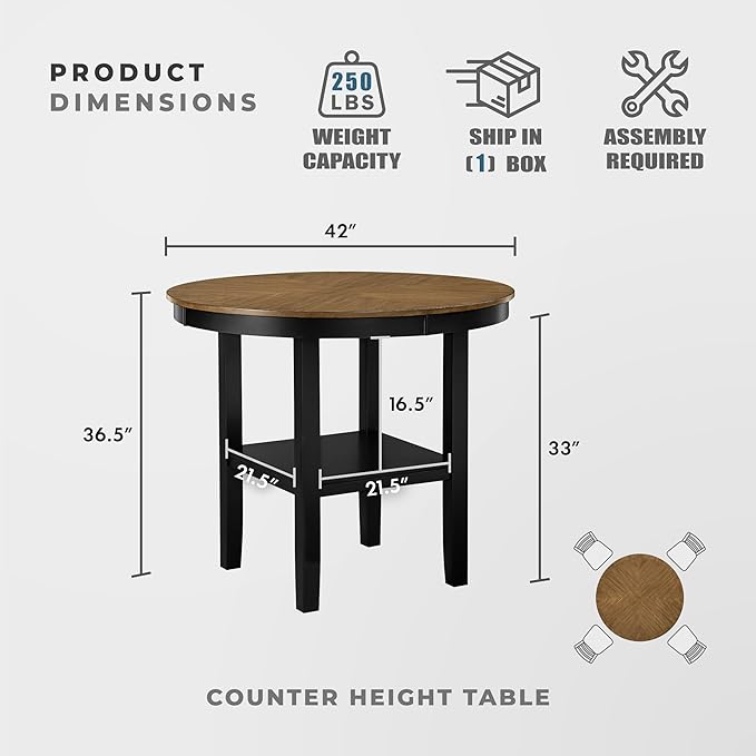 Lexicon 5 Piece Counter Height Dining Set for 4 - Acacia Veneer Wood Table Round with Storage Shelf and Cross Back Chairs, Dining Room Small Kitchen Table Set for 4, Two-Tone Finish (Brown and Black)