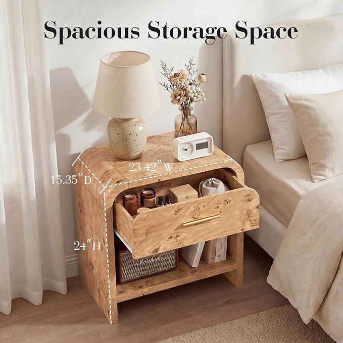 Night Stand [Unique Curved Profile] [FSC-Certified Wooden Board] 1-Drawer and 1 Storage Shelf Nightstand 24" H Metal Handle Modern Bedside Table Side Table End Table