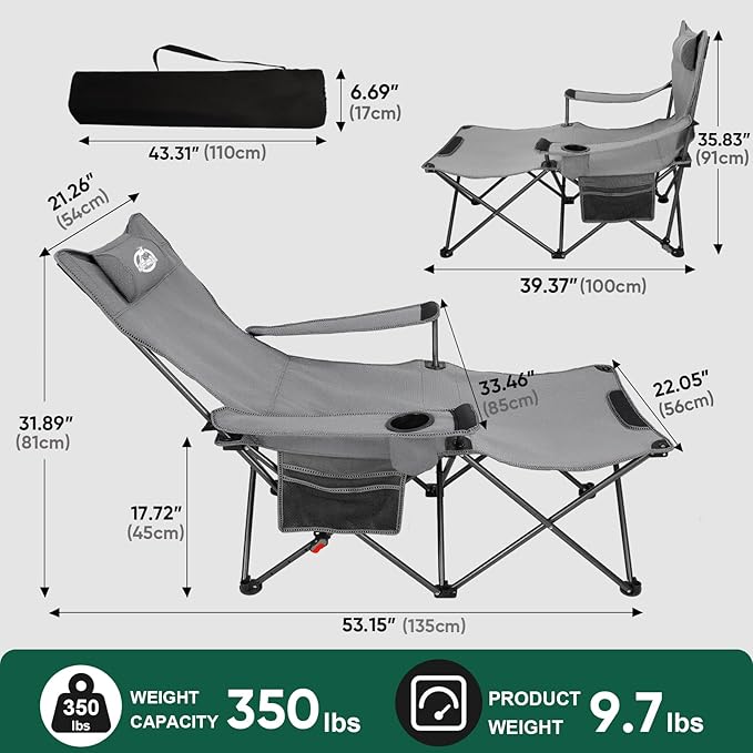Northroad Foldable Camping Chair w/Foot Rest, Outdoor 6 Legged Beach Chair w/Footrest, Adjustable 90°- 135° Reclining Lounge Chair w/Detachable Pillow, Cup Holder & Carry Bag