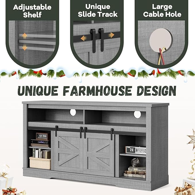 YESHOMY Fireplace TV Stand for Television up to 65+ Inch with Storage and Farmhouse Sliding Barn Doors, Entertainment Center with Cabinet and Shelves, Media Console for Living Room,Gray