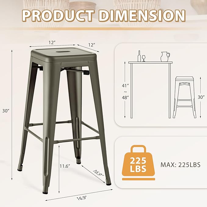 Furmax 30 Inch Metal Bar Stools Set of 4, Counter Height Stools, Industrial Bar Chairs Patio Stool Stackable Stool for Kitchen/Dining Room/Indoor Outdoor(Gun, 30'' Backless)