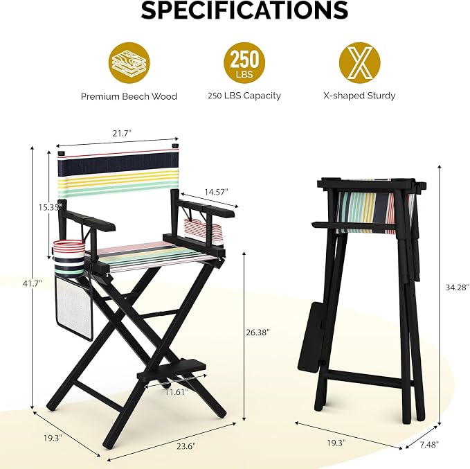 OmySalon 26" H Tall Directors Chair, Wooden Portable Folding Makeup Chair w/Storage Pouch & Footrest, Professional for Salon/Events/Mobile Services, 250lb Capacity, Striped Canvas & Black Frame