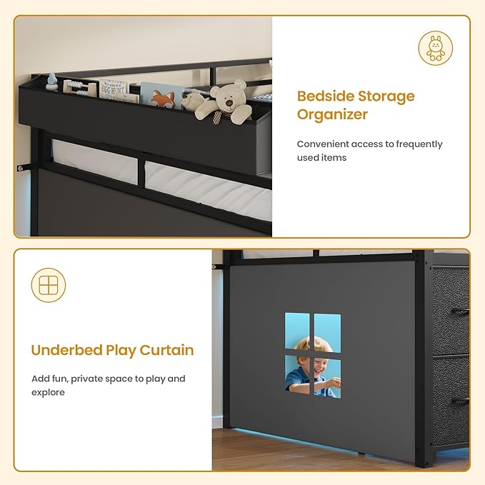 ADORNEVE Low Loft Bed Twin Size with 7 Storage Drawers, Bookcase and LED Lights, Metal Kids Loft Bed with 14" H Safety Guardrail,Inclined Ladder and Play Curtain, Under-Bed Play Space, Black