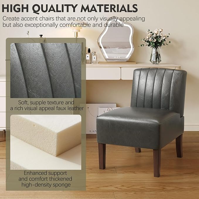 VIRRMO Armless Accent Chairs Set of 2 Upholstered Dining Chairs Living Room Chairs with Solid Wood Legs Bedroom Chair Leather Reading Chair Comfy Chair for Bedroom Vanity Kitchen (Grey)