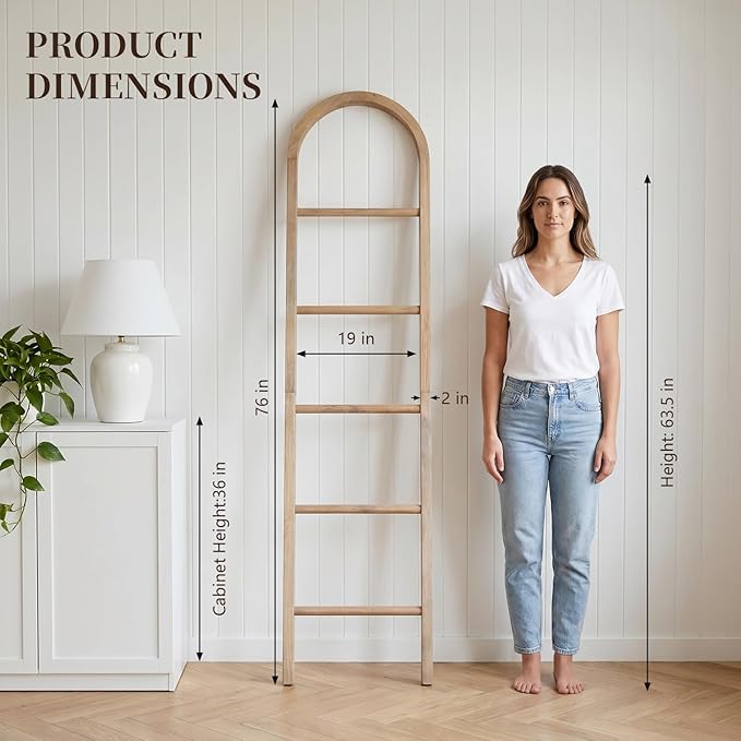 Wooden Blanket Ladder - Natural & Motley Wood - Leaning Wall Decor for Bedroom, Bathroom, Living Room - Rustic Quilt Holder & Towel Rack (Brown-Curved, 76in（5-Tier）)