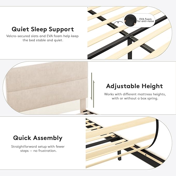 GRUSIGN King Size Platform Bed Frame with Velvet Headboard, Adjustable Height Wooden Slats Support, Upholstered Mattress Foundation, Fits Mattress or Mattress with Box Spring, Easy Assembly, Beige